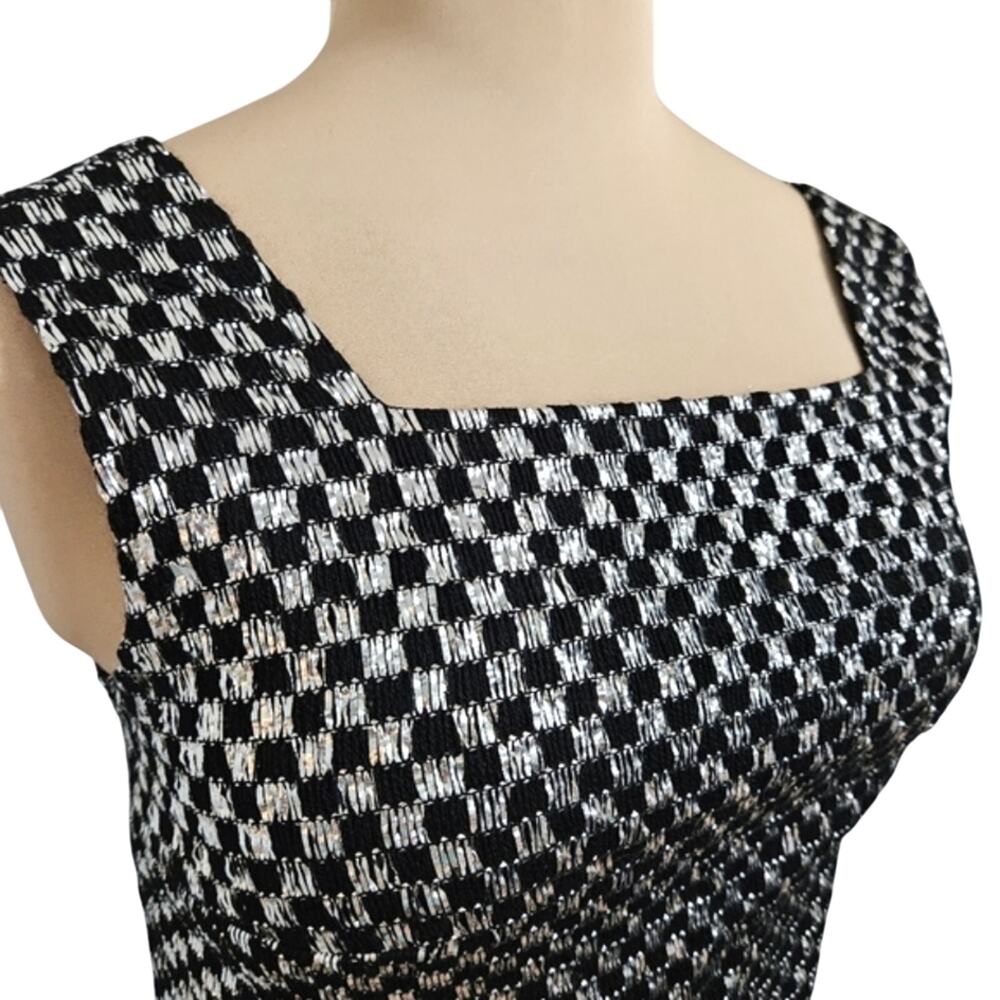 Vintage Leslie Fay Metallic Silver Black‎ Square Neck Dressy Crop Top  Glam